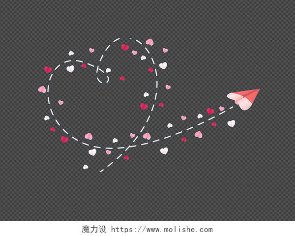 粉色花瓣拉线飞机纸飞机心形爱心情人节七夕PNG素材元素
